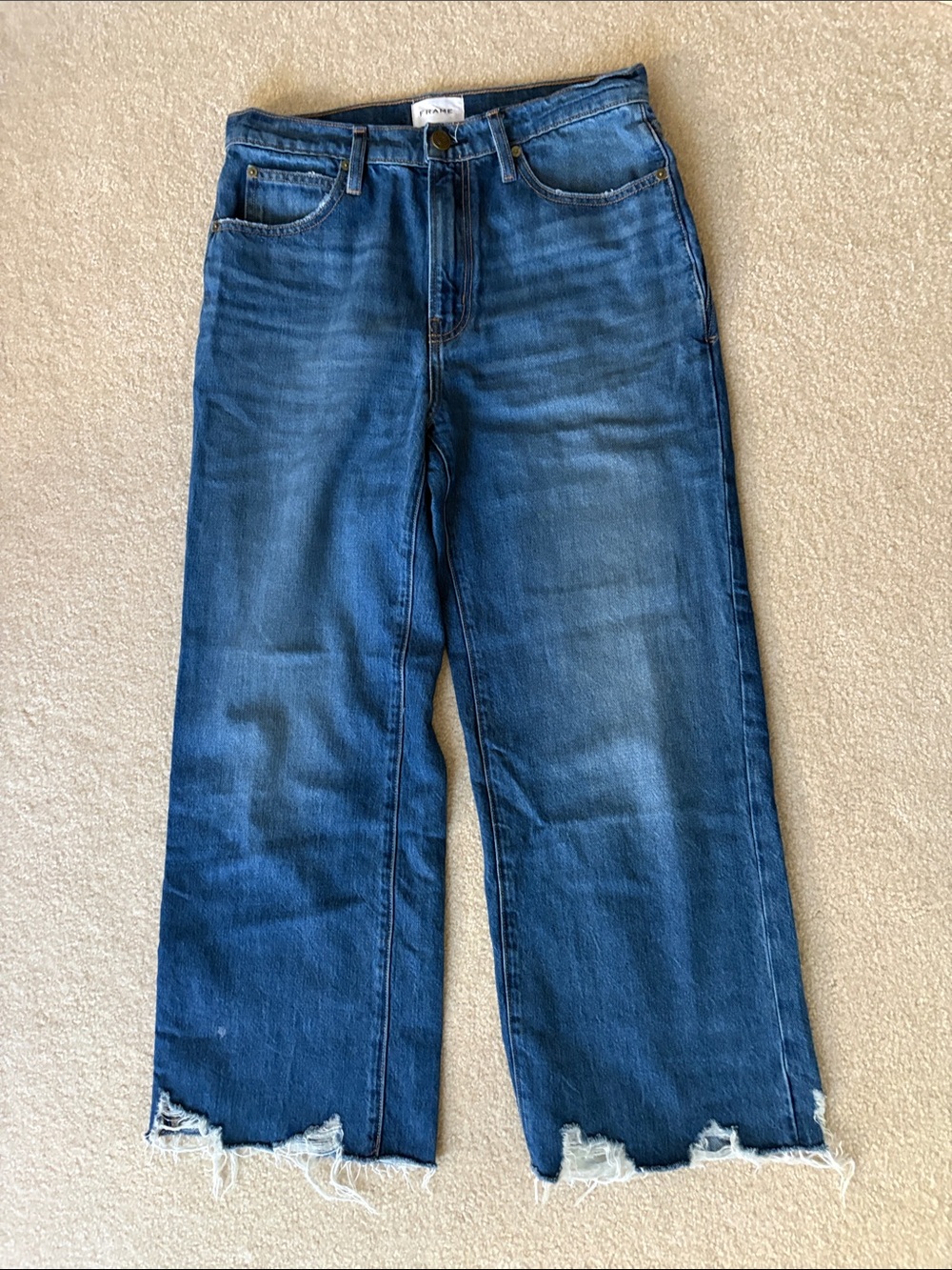 Frame Denim Raw-Hem Wide Leg Jeans in Dark Blue